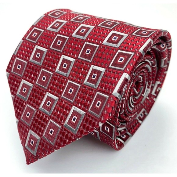 Current ERMENEGILDO ZEGNA Tie Red Gray Silver Squares Woven 100% Silk Necktie - Picture 2 of 10